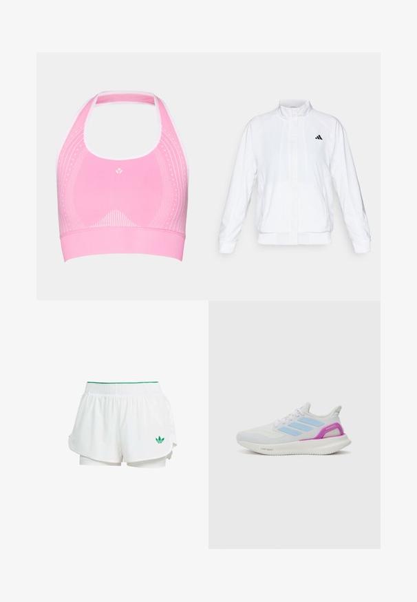 Balts sporta žakets ar stāvām apkaklēm, garām piedurknēm un rāvējslēdzēja priekšpusi. Tam ir melns logo augšējā kreisajā pusē. Gluda tekstūra.; Rozā sporta krūšturis ar halter neck dizainu, ar smalkiem baltiem rakstiem un ribotu tekstūru apakšējā joslā.; Baltie sporta šorti ar slāņveida dizainu, elastīgu jostasvietu, zaļām akcentiem un mazu zaļu logotipu kreisajā apakšējā pusē.; adidas Performance PUREBOOST 5 - Apavi skriešanai pa asfaltu - white/glow blue/purple burst