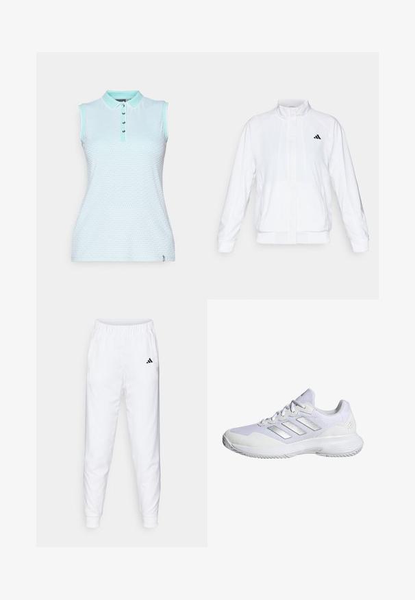 Biała sportowa kurtka z kołnierzem stójkowym, długimi rękawami i zapięciem na zamek. Posiada czarne logo po lewej stronie u góry. Gładka tekstura.; Beżowy bezrękawnik polo w jasnoniebieskiej teksturowanej tkaninie, z kołnierzykiem, pięcioma guzikami oraz kontrastującymi miętowymi akcentami.; Białe spodnie treningowe z elastycznym pasem i mankietami. Zawierają boczne kieszenie i małe czarne logo na lewej udzie. Gładka tkanina.; Białe sportowe buty z siateczkową cholewką, teksturowanymi panelami i srebrnymi akcentami. Posiadają amortyzowaną podeszwę i okrągły czubek.