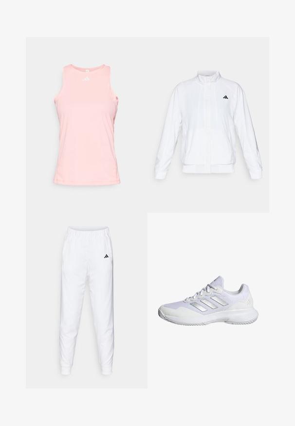 Chaqueta deportiva blanca con cuello alto, mangas largas y cierre de cremallera frontal. Presenta un logo negro en la parte superior izquierda. Textura suave.; adidas Performance CLUB TENNIS TANK - Top - pink spark; Pantalones deportivos blancos con cintura y puños elásticos. Cuenta con bolsillos laterales y un pequeño logotipo negro en el muslo izquierdo. Acabado de tela suave.; Zapatilla deportiva blanca con parte superior de malla, paneles texturizados y acentos plateados. Presenta una suela acolchada y un diseño de puntera redonda.