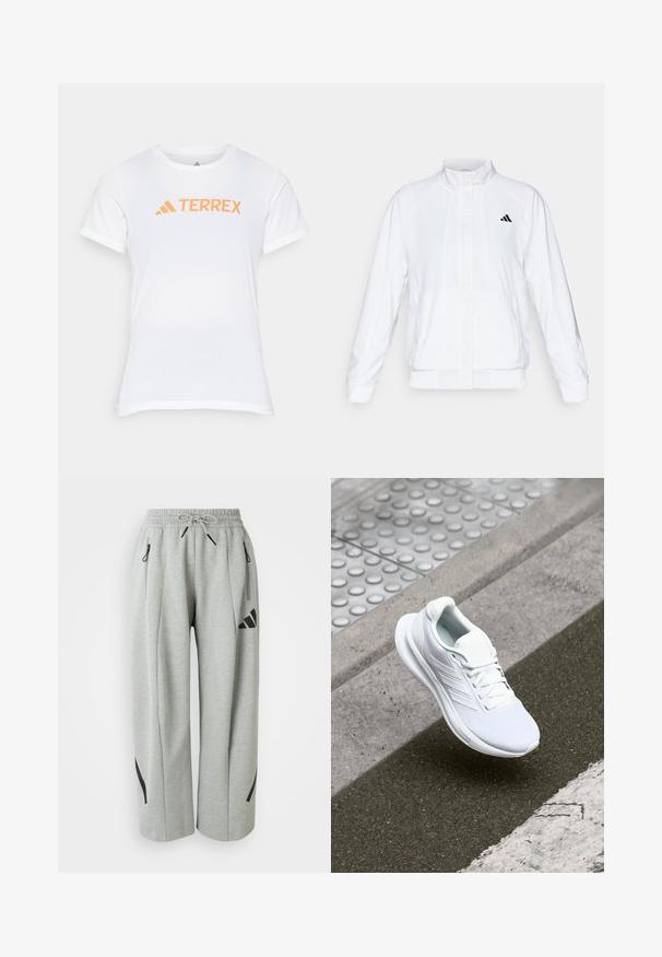 Chaqueta deportiva blanca con cuello alto, mangas largas y cierre de cremallera frontal. Presenta un logo negro en la parte superior izquierda. Textura suave.; Camiseta deportiva de manga corta blanca con un logo "TERREX" en naranja. Fabricada con un tejido ligero y transpirable de textura suave.; Pantalones de chándal gris claro hechos de una tela suave, con una cintura elástica, cordón de ajuste y detalles en negro en los bolsillos y los laterales.; Zapatilla deportiva blanca con parte superior de malla, diseño de cordones y suela texturizada. Branding sutil y detalles de construcción sin costuras visibles.