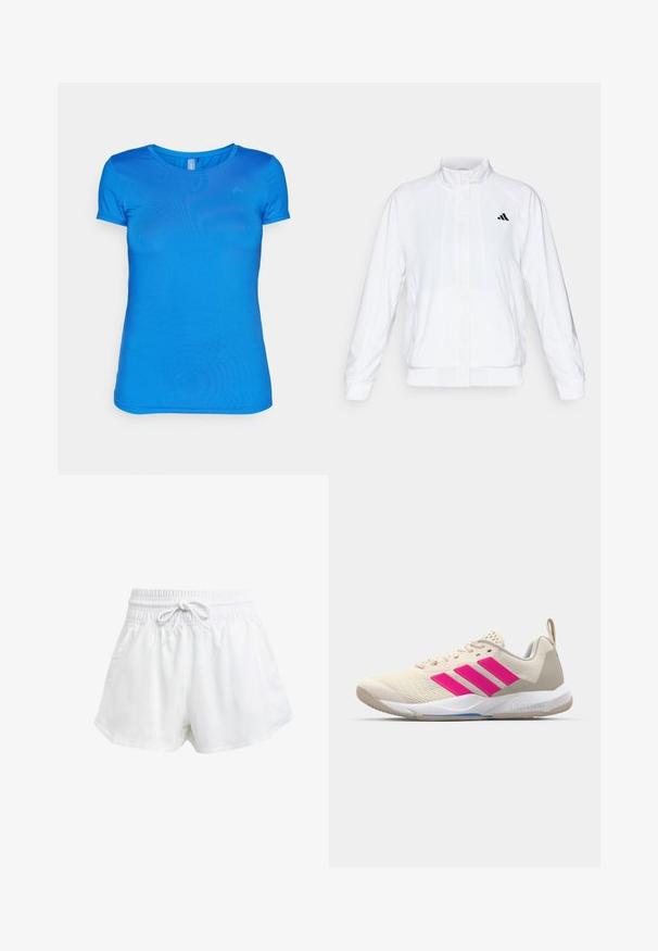 Fehér sportdzseki álló gallérral, hosszú ujjal és cipzáros elülső résszel. A bal felső oldalon fekete logó található. Simább textúrája van.; Könnyű anyagból készült kék, rövid ujjú póló, kerek nyakkal és sima textúrával. Diszkrét logó a bal felső oldalon.; Fehér sportcipőnadrág rugalmas derékrésszel és állítható húzózsinórral. Könnyű anyagból készült, oldalzsebekkel rendelkezik és laza szabású.; Beige sportcipő rózsaszín háromsávos logóval, texturált hálós felső résszel, párnázott nyakkal és fehér gumitalppal, "LIGHTSTRIKE" márkajelzéssel.