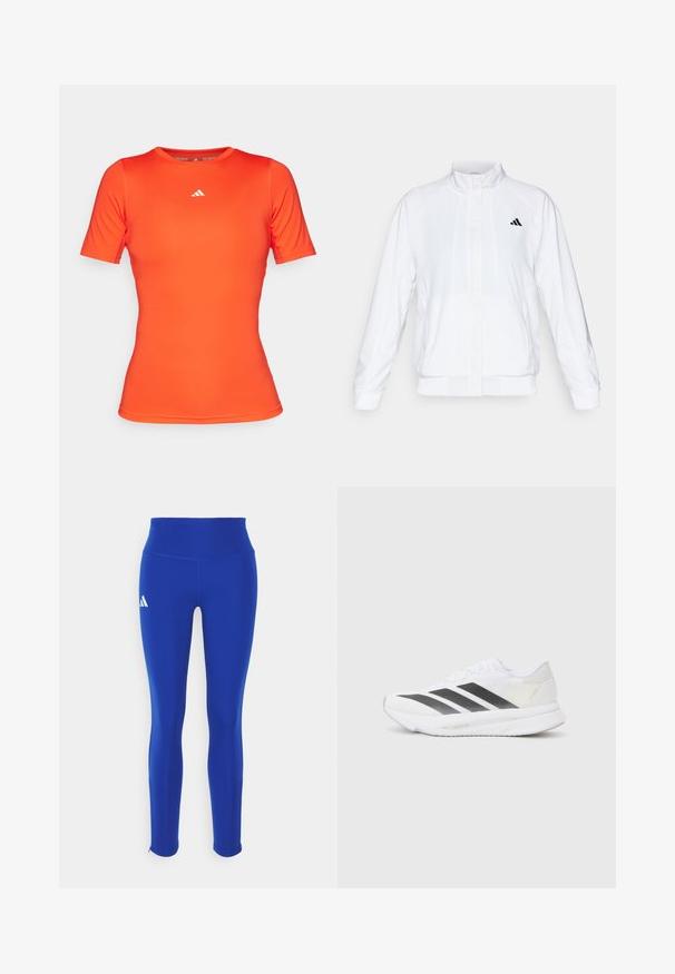 Biela športová bunda so stojatým golierom, dlhými rukávmi a zipsom vpredu. Obsahuje čierne logo na hornej ľavej strane. Hladká textúra.; adidas Performance TRAIN - Športové tričko - bright red; Modré športové legíny s vysokým pásom, vyrobené z elastického materiálu, s bielym logom na ľavom boku a diskrétnymi lemami.; Biele športové topánky s čiernymi diagonálnymi pruhmi, sieťovinovým zvrškom, zaoblenou špičkou a textúrovanou podrážkou. Akcenty zahŕňajú striebornú pätu a minimalistický dizajn.