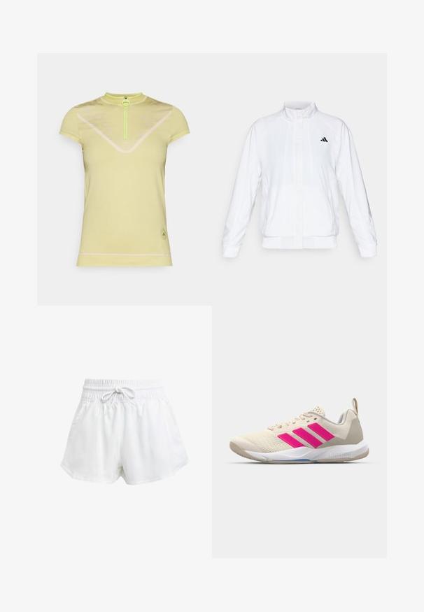 Casaco atlético branco com colarinho alto, mangas longas e fecho à frente com zip. Apresenta um logotipo preto no lado superior esquerdo. Textura suave.; Camisa desportiva de manga curta, amarelo claro, com colarinho alto, fecho de correr frontal em verde néon e padrões geométricos subtis no tecido.; Calções de desporto brancos com um cós elástico e cordão ajustável. Feitos de material leve, apresentam bolsos laterais e um corte largo.; Sapata atlética bege com logotipo de três riscas cor-de-rosa, parte superior em malha texturizada, colarinho acolchoado e sola de borracha branca, apresentando a marca "LIGHTSTRIKE".