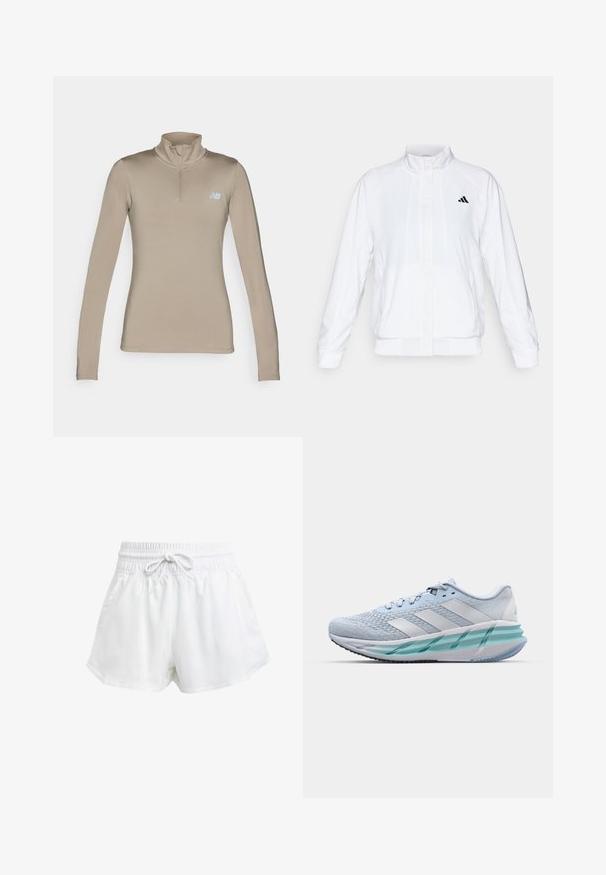 Weiße Sportjacke mit Stehkragen, langen Ärmeln und Reißverschluss vorne. Mit einem schwarzen Logo auf der oberen linken Seite. Glatte Textur.; Beige langärmliges Sportoberteil mit hohem Kragen und Viertelreißverschluss. Verfügt über ein kleines hellblaues Logo auf der oberen linken Brust. Glatte Textur.; Weiße Sportschorts mit elastischem Bund und einstellbarem Kordelzug. Hergestellt aus leichtem Material, mit seitlichen Taschen und lockerer Passform.; Helle blaue Sportschuhe mit einem strukturierten Strickobermaterial, weißen Akzenten und einer transparenten grünen Zwischensohle. Abgerundete Zehenpartie und gepolsterter Schaft.