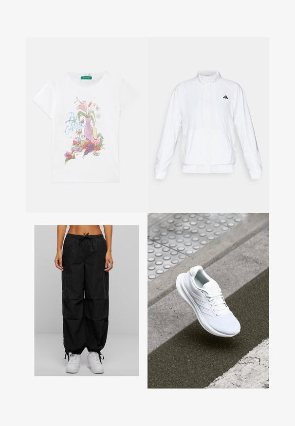 Biała sportowa kurtka z kołnierzem stójkowym, długimi rękawami i zapięciem na zamek. Posiada czarne logo po lewej stronie u góry. Gładka tekstura.; Biała koszulka z krótkim rękawem z kolorową grafiką przedstawiającą wazon z kwiatami, owocami, szklanką napoju i winogronami z przodu.; Czarne spodnie cargo mają elastyczny pasek w talii, luźny krój i wiele kieszeni. Materiał wydaje się lekki o matowej teksturze. W połączeniu z białymi sneakersami.; Białe sportowe buty z siateczkową cholewką, sznurowanym zapięciem i teksturowaną podeszwą. Widoczne subtelne logo i detale bezszwowej konstrukcji.
