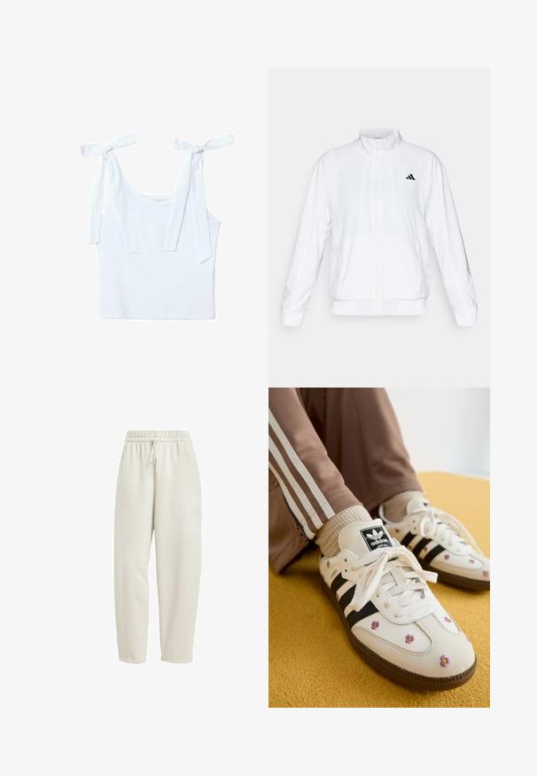 White athletic jacket with a stand-up collar, long sleeves, and a zip front. Features a black logo on the upper left side. Smooth texture.; White cotton tank top featuring two tie straps, a round neckline, and a fitted design, with a soft, smooth texture.; Light beige sweatpants made from soft fabric, featuring an elastic waistband with a drawstring and a subtle logo accent on the side.; White leather sneakers with three black stripes and floral embroidery in purple and yellow. Brown rubber sole. Paired with beige ribbed socks.