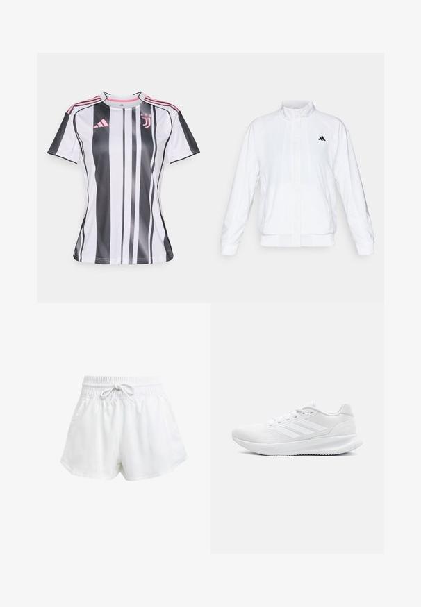 Giacca sportiva bianca con colletto alto, maniche lunghe e zip frontale. Presenta un logo nero nella parte superiore sinistra. Texture liscia.; Maglietta da calcio a strisce bianco e nere con dettagli rosa, maniche corte e scollatura rotonda. Presenta il logo Adidas e l'emblema del club.; Pantaloni sportivi bianchi con cintura elastica e cordino regolabile. Realizzati in materiale leggero, presentano tasche laterali e una vestibilità ampia.; Scarpe da ginnastica bianche realizzate in materiale a rete, con un design elegante, punta rotonda, tallone strutturato e tre strisce sul lato esterno.