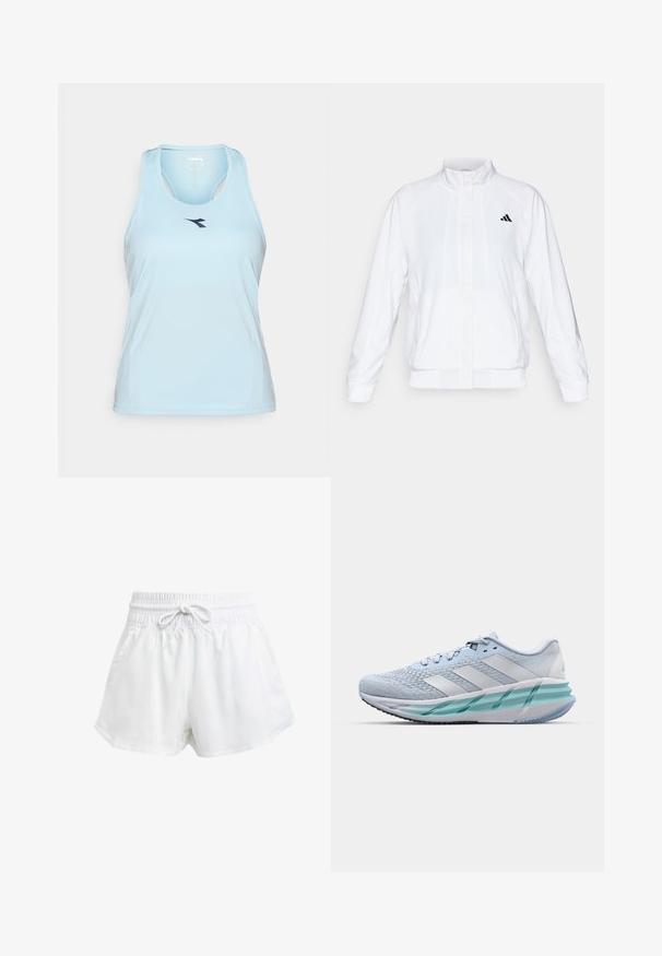 White athletic jacket with a stand-up collar, long sleeves, and a zip front. Features a black logo on the upper left side. Smooth texture.; Light blue athletic tank top with a scooped neckline, racerback design, and a dark blue logo on the front. Made from smooth, stretchy fabric.; White athletic shorts with an elastic waistband and adjustable drawstring. Made from lightweight material, featuring side pockets and a loose fit.; Light blue athletic shoes with a textured knit upper, white accents, and a transparent green midsole. Rounded toe and padded collar.