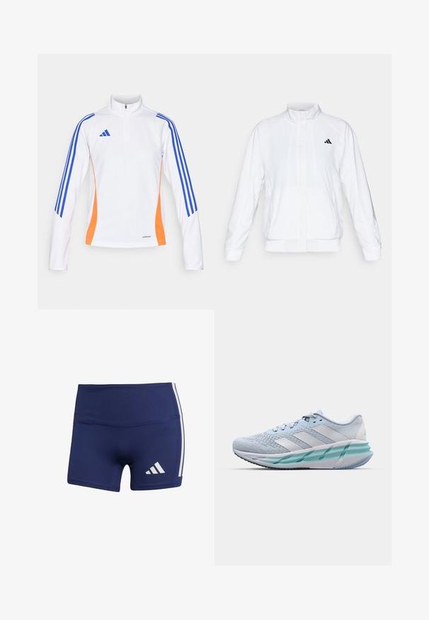 Bílá sportovní bunda se stojáčkem, dlouhými rukávy a zipem vpředu. Obsahuje černé logo na horní levé straně. Hladká textura.; adidas Performance TIRO24 TRAINING TOP WOMEN - Top s dlouhým rukávem - white/lucid blue/app solar red; Tmavě modré sportovní šortky s těsným střihem, vyrobené z hladké látky, s bílými bočními pruhy a logem na dolní levé straně.; Světlomodré sportovní boty s texturovaným pleteným svrškem, bílými akcenty a průhledným zeleným mezipodešví. Oválná špička a polstrovaný límec.