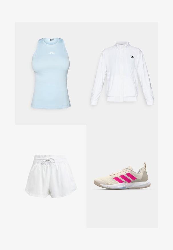 Casaco atlético branco com colarinho alto, mangas longas e fecho à frente com zip. Apresenta um logotipo preto no lado superior esquerdo. Textura suave.; Top de alças sem mangas azul claro, feito de um tecido suave, com decote redondo e um pequeno logotipo branco ao centro.; Calções de desporto brancos com um cós elástico e cordão ajustável. Feitos de material leve, apresentam bolsos laterais e um corte largo.; Sapata atlética bege com logotipo de três riscas cor-de-rosa, parte superior em malha texturizada, colarinho acolchoado e sola de borracha branca, apresentando a marca "LIGHTSTRIKE".