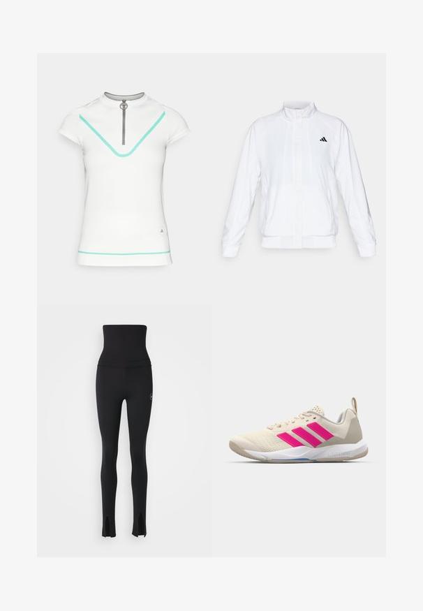 Bela atletska jakna s visokim ovratnikom, dolgimi rokavi in zadrgo spredaj. Ima črni logotip na zgornji levi strani. Gladka tekstura.; Bela kratka majica s kratkimi rokavi in visokim ovratnikom, ki ima zadrgo, turkizne poudarke in subtilen logotip na spodnji strani. Gladka tekstura.; adidas by Stella McCartney Pajkice - black; Bežni atletski čevlji z rožnatim logotipom s tremi črtami, teksturiran zgornji del iz mrežaste tkanine, oblazinjen ovratnik in bel gumijast podplat, ki nosi blagovno znamko "LIGHTSTRIKE".