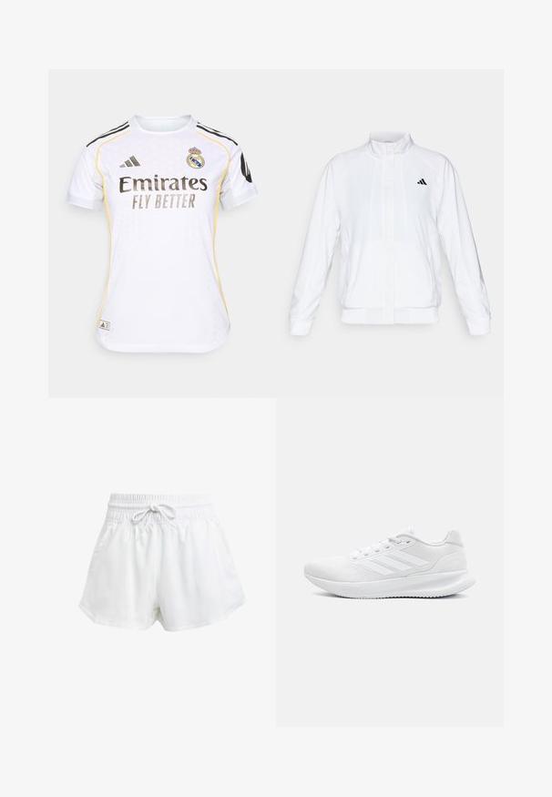 Hvid atletisk jakke med opretstående krave, lange ærmer og lynlås fortil. Har et sort logo på den øverste venstre side. Glat tekstur.; Hvid fodboldtrøje med sorte og gule accenter, med rund hals, korte ærmer og Real Madrid-logoet på brystet.; Hvide atletiske shorts med elastisk talje og justerbar snor. Fremstillet af letvægtsmateriale, med sidelommer og en løs pasform.; Hvide atletikstøvler lavet af mesh-materiale, med et slankt design, rund tå, struktureret hæl og tre striber på ydersiden.