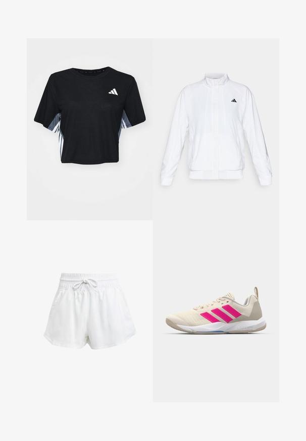 Casaco atlético branco com colarinho alto, mangas longas e fecho à frente com zip. Apresenta um logotipo preto no lado superior esquerdo. Textura suave.; T-shirt preto cropped com mangas curtas, decote redondo e painéis laterais em padrão xadrez cinza. Logótipo branco no peito.; Calções de desporto brancos com um cós elástico e cordão ajustável. Feitos de material leve, apresentam bolsos laterais e um corte largo.; Sapata atlética bege com logotipo de três riscas cor-de-rosa, parte superior em malha texturizada, colarinho acolchoado e sola de borracha branca, apresentando a marca "LIGHTSTRIKE".