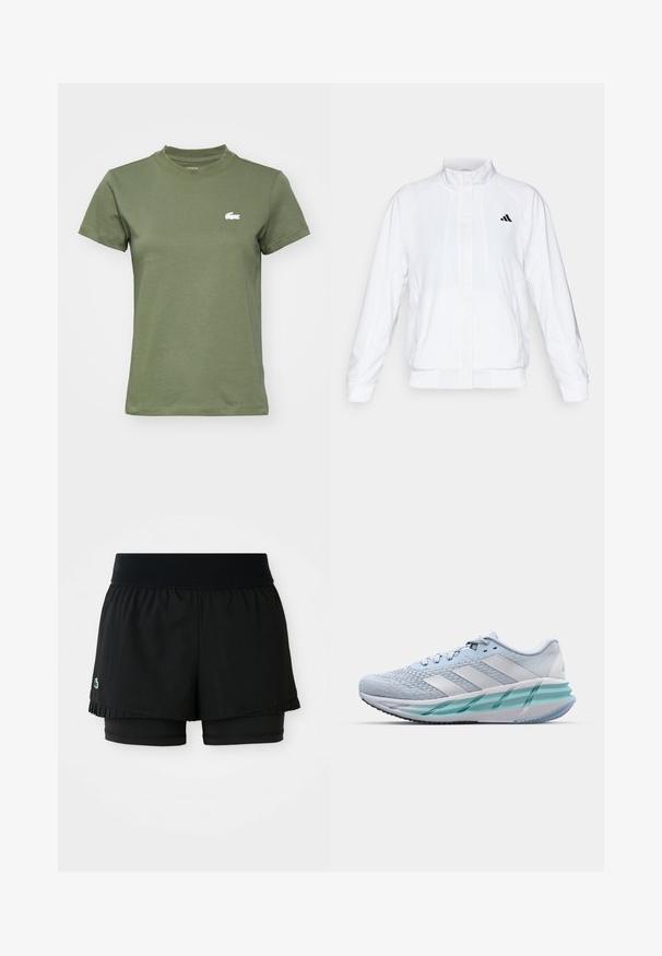 Biała sportowa kurtka z kołnierzem stójkowym, długimi rękawami i zapięciem na zamek. Posiada czarne logo po lewej stronie u góry. Gładka tekstura.; Lacoste Sport - T-shirt basic; Czarne spodenki sportowe z plisowaną warstwą zewnętrzną i dopasowanymi szortami wewnętrznymi. Posiadają ribbowany pas dla komfortu i elastyczności.; Jasnoniebieskie buty sportowe z teksturowaną cholewką z dzianiny, białymi akcentami i przezroczystą zieloną podeszwą środkową. Okrągły czubek i wyściełany kołnierz.