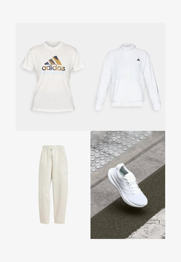 Veste de sport blanche avec un col montant, des manches longues et une fermeture éclair sur le devant. Présente un logo noir sur le côté supérieur gauche. Texture lisse.; adidas Performance REAL MADRID WMN TEE - Article de supporter d'équipe de club - white; Pantalons de survêtement beige clair en tissu doux, dotés d'une taille élastique avec cordon de serrage et d'un discret logo sur le côté.; Baskets blanches de sport avec une tige en maille, un design à lacets et une semelle texturée. Marquage subtil et détails de construction sans coutures visibles.