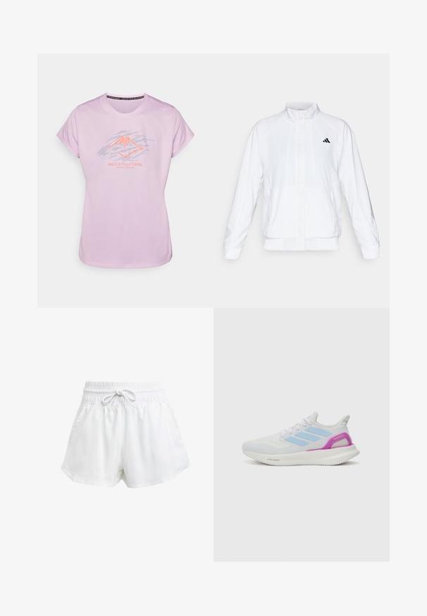 Witte sportieve jack met een opstaande kraag, lange mouwen en een rits aan de voorkant. Heeft een zwart logo op de bovenste linkerzijde. Glad textuur.; Lichtroze sport t-shirt met een grafisch berglogo in donkergrijs en neonoranje. Korte mouwen, ronde halslijn, gladde textuur.; Witte sportieve shorts met een elastische tailleband en verstelbaar trekkoord. Gemaakt van lichtgewicht materiaal, met zijzakken en een losse pasvorm.; adidas Performance PUREBOOST 5 - Hardloopschoenen voor op de weg - white/glow blue/purple burst