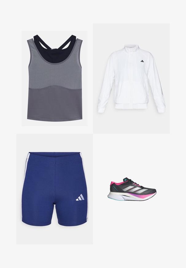 Bijela atletska jakna s uzdignutim ovratnikom, dugim rukavima i patentnim zatvaračem sprijeda. Ima crni logo na gornjem lijevom dijelu. Glatka tekstura.; Sivi sportski top bez rukava s okruglim izrezom, dizajnom na leđima i kontrastnim tamnoplavim detaljima. Ima teksturiranu tkaninu i bešavnu izradu.; Mornarske atletske kratke hlače od rastezljivog materijala s bijelim bočnim prugama i reflektirajućim Adidas logotipom na lijevoj nozi.; Trkaća obuća s gornjim dijelom od sive mrežice, ružičastim akcentima i bijelim prugama. Ima podstavljeni potplat i elegantan, aerodinamičan dizajn.