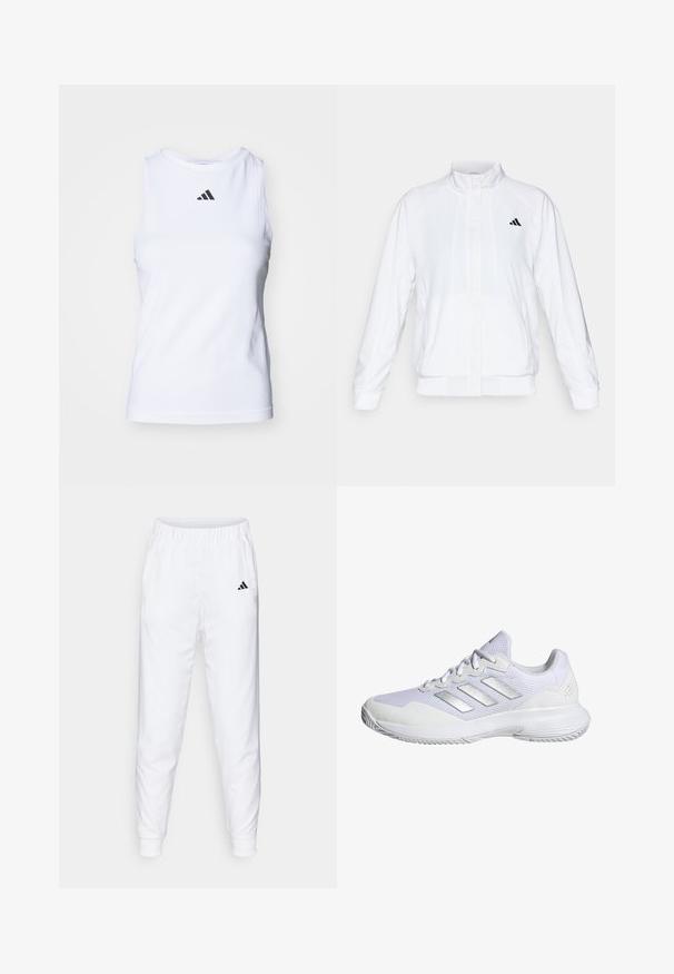 Giacca sportiva bianca con colletto alto, maniche lunghe e zip frontale. Presenta un logo nero nella parte superiore sinistra. Texture liscia.; adidas Performance Y TANK PRO - Top - white; Pantaloni sportivi bianchi con vita e polsini elastici. Presentano tasche laterali e un piccolo logo nero sulla coscia sinistra. Finitura in tessuto liscia.; Scarpa da ginnastica bianca con tomaia in rete, pannelli testurizzati e accenti argentati. Presenta una suola ammortizzata e un design a punta tonda.