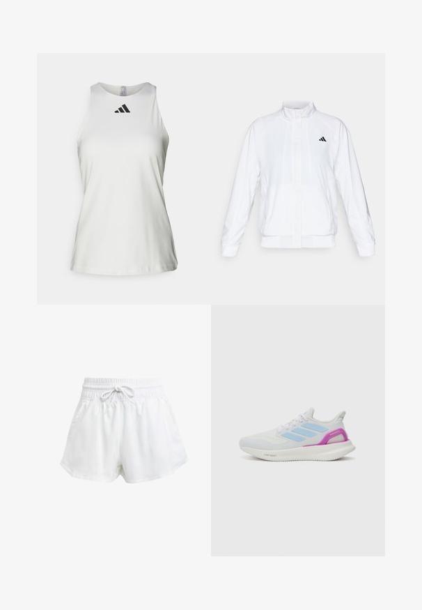 Giacca sportiva bianca con colletto alto, maniche lunghe e zip frontale. Presenta un logo nero nella parte superiore sinistra. Texture liscia.; Maglietta sportiva bianca senza maniche realizzata in tessuto liscio, con scollatura rotonda e logo Adidas nero sul davanti.; Pantaloni sportivi bianchi con cintura elastica e cordino regolabile. Realizzati in materiale leggero, presentano tasche laterali e una vestibilità ampia.; adidas Performance PUREBOOST 5 - Scarpe da corsa su strada - white/glow blue/purple burst