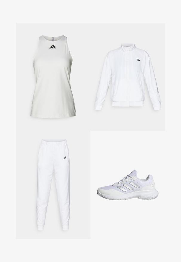 Chaqueta deportiva blanca con cuello alto, mangas largas y cierre de cremallera frontal. Presenta un logo negro en la parte superior izquierda. Textura suave.; Top atlético blanco sin mangas hecho de una tela suave, con un escote redondo y un logo negro de Adidas en el frente.; Pantalones deportivos blancos con cintura y puños elásticos. Cuenta con bolsillos laterales y un pequeño logotipo negro en el muslo izquierdo. Acabado de tela suave.; Zapatilla deportiva blanca con parte superior de malla, paneles texturizados y acentos plateados. Presenta una suela acolchada y un diseño de puntera redonda.
