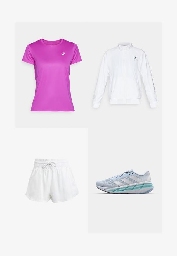 Valkoinen urheilujakku, jossa on pystysuora kaulus, pitkät hihat ja vetoketjukiinnitys. Vasemmassa ylälaidassa on musta logo. Silkkinen pinta.; ASICS CORE TOP - Tekninen t-paita - bold magenta; Valkoiset urheilushortsit, joissa on joustava vyötärö ja säädettävä nyöri. Kevyestä materiaalista valmistettu, sivutaskut ja väljä istuvuus.; Vaaleansiniset urheilukengät, joissa on teksturoitu neulepinta, valkoiset yksityiskohdat ja läpinäkyvä vihreä välipohja. Pyöreä kärki ja pehmustettu nilkka.