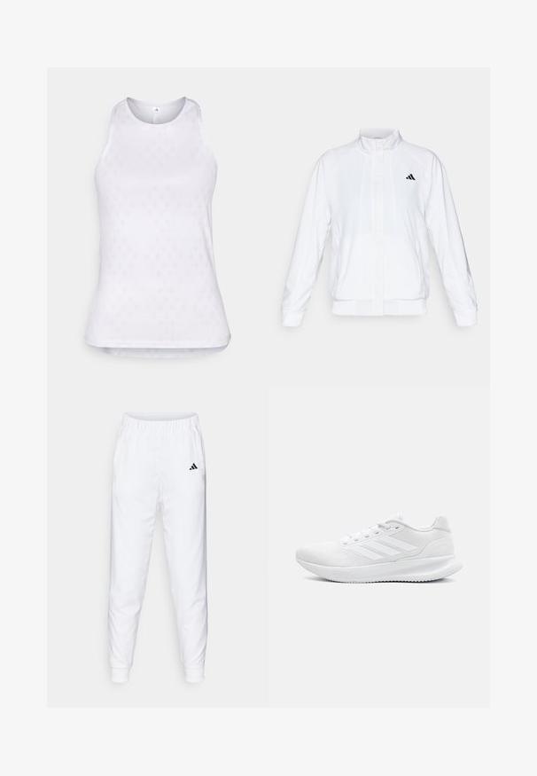 White athletic jacket with a stand-up collar, long sleeves, and a zip front. Features a black logo on the upper left side. Smooth texture.; White sleeveless athletic top made of mesh fabric, featuring a textured diamond pattern throughout and a rounded neckline.; White athletic pants with elastic waistband and cuffs. Features side pockets and a small black logo on the left thigh. Smooth fabric finish.; White athletic shoes made of mesh material, featuring a sleek design, round toe, structured heel, and three stripes on the outer side.