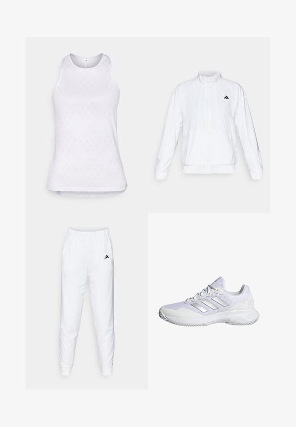 Weiße Sportjacke mit Stehkragen, langen Ärmeln und Reißverschluss vorne. Mit einem schwarzen Logo auf der oberen linken Seite. Glatte Textur.; Weißes ärmelloses Sportoberteil aus Mesh-Gewebe, das ein strukturiertes Diamantmuster aufweist und einen runden Halsausschnitt hat.; Weiße Sporthose mit elastischem Bund und Bündchen. Verfügt über Seitentaschen und ein kleines schwarzes Logo am linken Oberschenkel. Glatter Stofffinish.; Weißer Sportschuh mit Mesh-Obermaterial, strukturierten Einsätzen und silbernen Akzenten. Verfügt über eine gepolsterte Sohle und ein rundes Zehendesign.