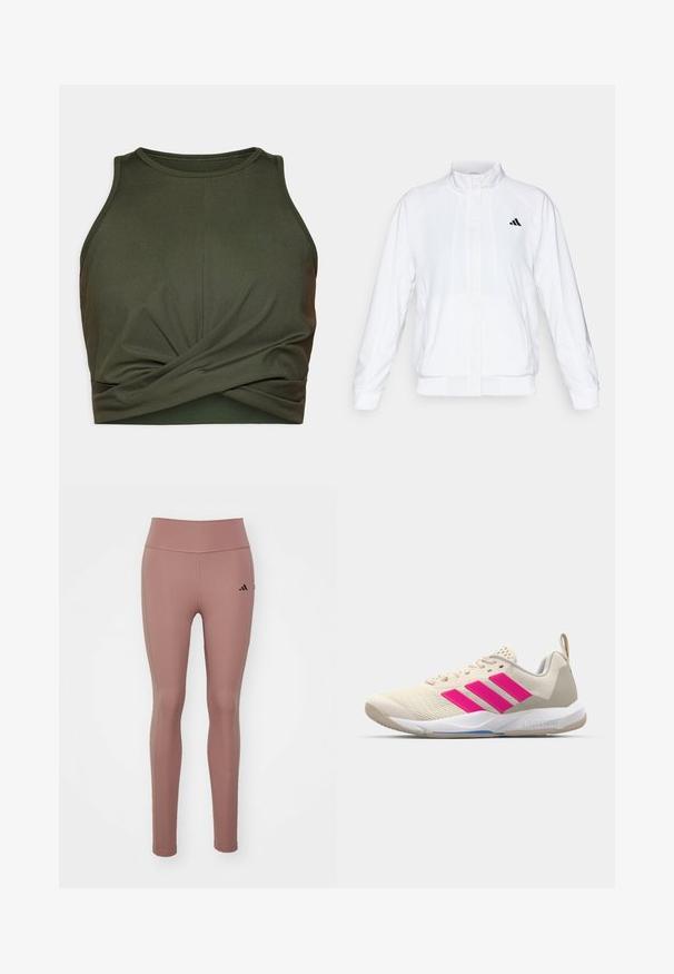 Bílá sportovní bunda se stojáčkem, dlouhými rukávy a zipem vpředu. Obsahuje černé logo na horní levé straně. Hladká textura.; Tmavě zelený sportovní top bez rukávů vyrobený z pružné tkaniny. Má kulatý výstřih a na spodním lemu je nařasený detail.; Růžové sportovní legíny vyrobené z elastického materiálu. Vysoký pas s hladkou texturou a malým černým logem na levém boku.; Béžová sportovní obuv s růžovým logem tří pruhů, texturovaným síťovaným svrškem, polstrovaným límcem a bílou gumovou podešví, s označením "LIGHTSTRIKE".