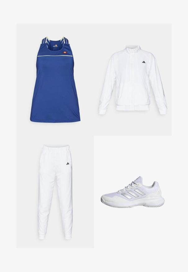 Weiße Sportjacke mit Stehkragen, langen Ärmeln und Reißverschluss vorne. Mit einem schwarzen Logo auf der oberen linken Seite. Glatte Textur.; Blaues ärmelloses Sportoberteil aus glattem Material, mit dünnen weißen horizontalen Streifen und einem mehrfarbigen Logo auf der Brust.; Weiße Sporthose mit elastischem Bund und Bündchen. Verfügt über Seitentaschen und ein kleines schwarzes Logo am linken Oberschenkel. Glatter Stofffinish.; Weißer Sportschuh mit Mesh-Obermaterial, strukturierten Einsätzen und silbernen Akzenten. Verfügt über eine gepolsterte Sohle und ein rundes Zehendesign.