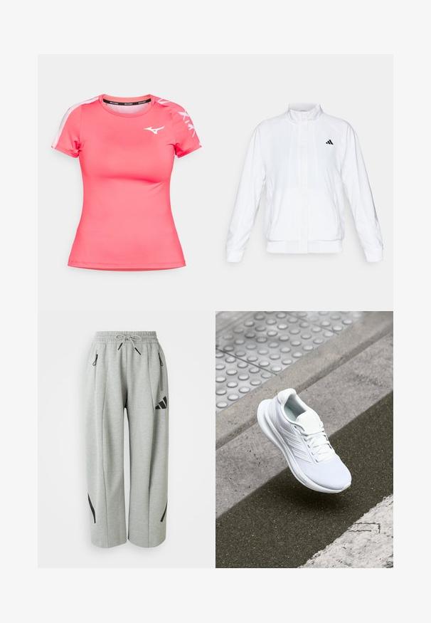 Bela atletska jakna s visokim ovratnikom, dolgimi rokavi in zadrgo spredaj. Ima črni logotip na zgornji levi strani. Gladka tekstura.; Roza športna majica, izdelana iz gladkega in zračnega materiala. Ima kratke rokave, okroglo izrezano ovratnik ter bel logotip na prsih in rokavih.; Svetlo sivi trenirke iz mehkega materiala z elastičnim pasom, vrvico in črnimi detajli na žepih in straneh.; Bela športna čevelj z zgornjim delom iz mrežastega materiala, vezalnim oblikovanjem in teksturiranim podplatom. Opazne so subtilne znamke in brezšivne konstrukcijske podrobnosti.