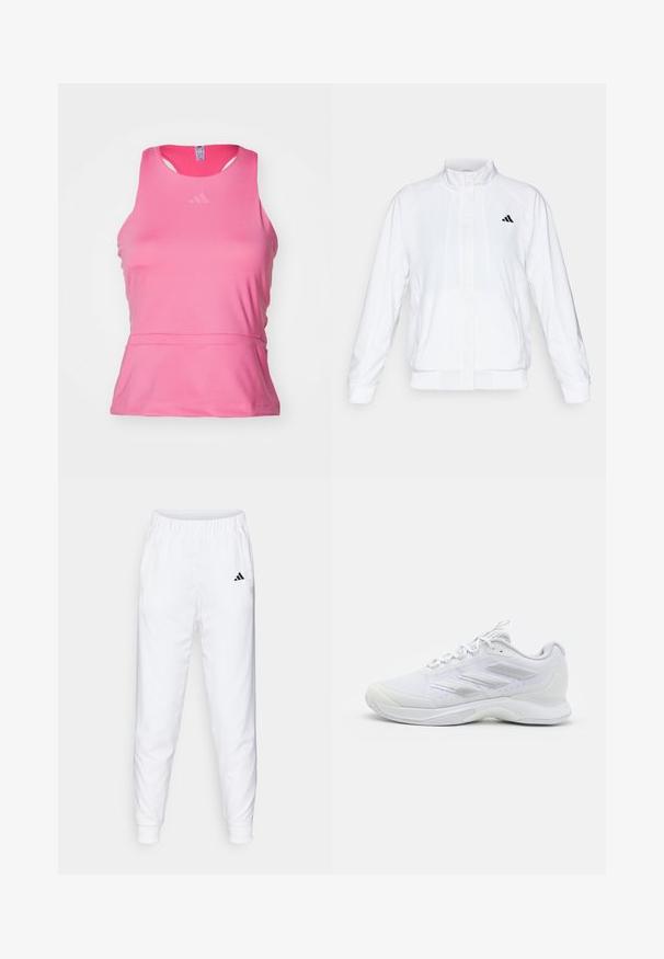 Valkoinen urheilujakku, jossa on pystysuora kaulus, pitkät hihat ja vetoketjukiinnitys. Vasemmassa ylälaidassa on musta logo. Silkkinen pinta.; Vaaleanpunainen urheilutanktoppi, joka on valmistettu sileästä ja kevyestä kankaasta. Siinä on pyöreä kaula-aukko, hihaton muotoilu ja hillitty logo rinnassa.; Valkoiset urheiluhousut, joissa on joustava vyötärö ja lahkeiden resorit. Sivutaskut ja pieni musta logo vasemmassa reidessä. Silkkinen kankaan pinta.; Valkoiset urheilukengät, joissa on verkkoyläosa, kolme teksturoitua raitaa sivussa, nauhakiinnitys ja pehmustettu pohja urheiluun tai vapaa-ajan käyttöön.