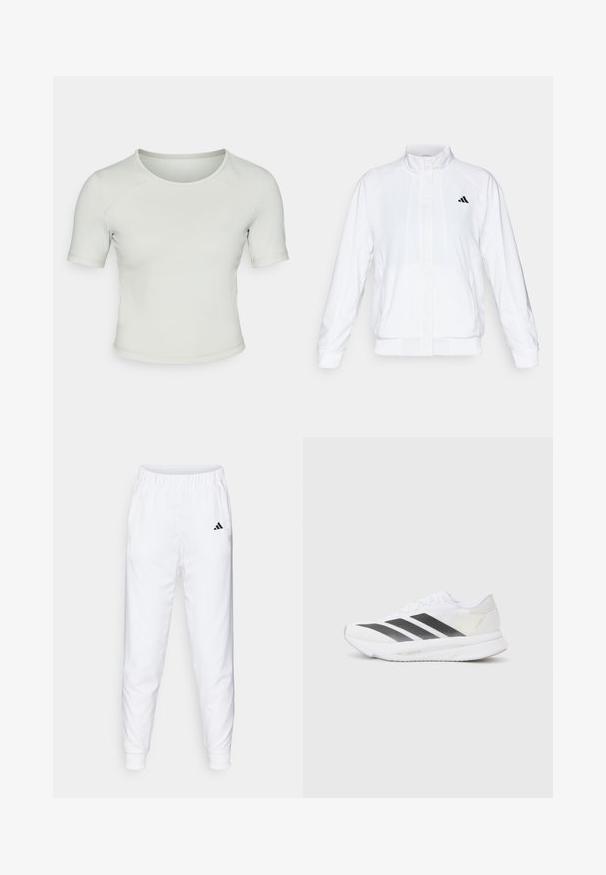 Bela atletska jakna s visokim ovratnikom, dolgimi rokavi in zadrgo spredaj. Ima črni logotip na zgornji levi strani. Gladka tekstura.; Svetlo zelena kratkohlačna prilega majica z okroglim izrezom, gladko teksturo in diskretnim logotipom na sprednji levi strani.; Bele športne hlače z elastičnim pasom in manšetami. Imajo stranske žepe in majhen črn logotip na levi stegn. Gladek zaključek tkanine.; Bela atletska čevlja z črnimi diagonali, mrežastim zgornjim delom, zaobljenim nosom in teksturirano podplatom. Dodatki vključujejo srebrno peto in minimalističen dizajn.