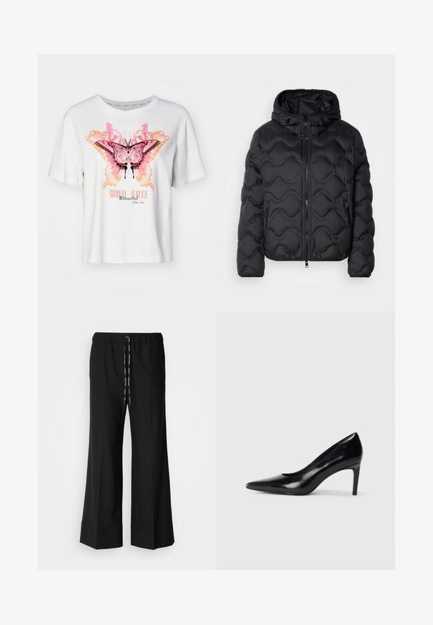 Čierna zateplená bunda s kapucňou, s prešívaným dizajnom, dvoma bočnými vreckami a predným zipsom. Materiál vyzerá hladko a je izolovaný.; Biela krátka tričko s krátkym rukávom s farebnou grafikou motýľa v ružovej a oranžovej farbe, s textom "DIVOKÉ, SLADKÉ A KRÁSNE" pod ním.; Čierne široké nohavice s elastickým pásom a čiernym šnúrkou. Vyrobené z hladkej látky bez viditeľných vzorov alebo kovových prvkov.; Čierna kožená vysoká topánka s ihlovým podpätkom a špičatou špicou, hladkou textúrou a zúženým podpätkom. Minimalistický dizajn, bez ďalších ozdôb.