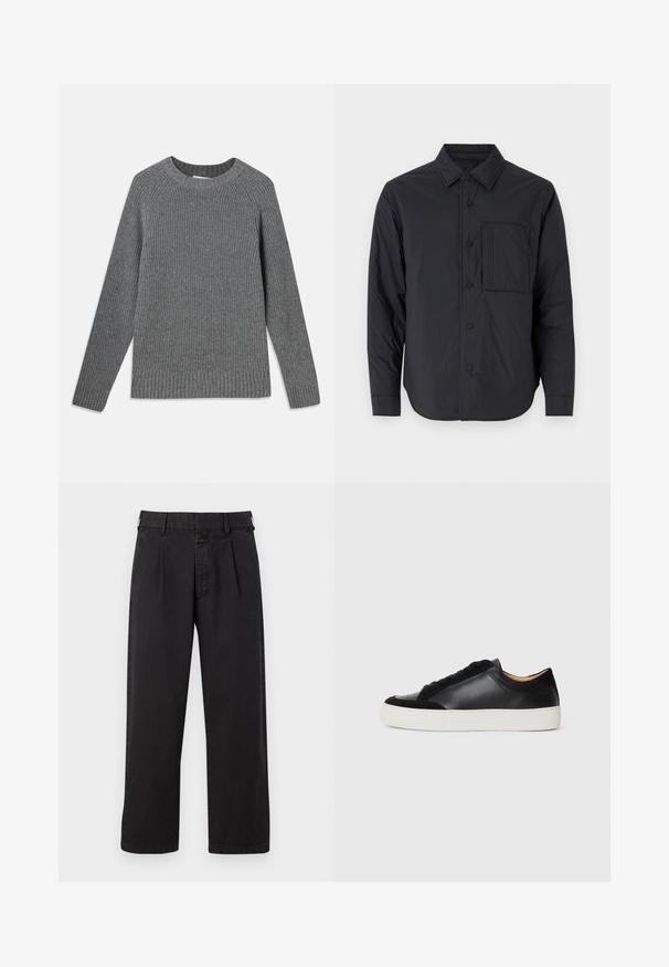 Must musta nööpidega särk terava kaelusega, pikkade varrukatega ja ühe rinna taskuga, millel on tekstuuriga muster.; Hall taljesilmustega hall sooniksveter, ümmarguse kaelusega ja tekstuurse kangaga. Hõlmab soonikservi varrukate ja põhja juures.; Mustad puuvillased püksid, sirge lõikega, pleated esiosaga, vöökonksude ja nööbilukuga. Sile tekstuur ilma mustriteta.; Must musta tennis jalanõud, millel on sametised aktsendid, ümar varvas, sirge valge kummitald ja kontrastsed tekstuurid kehadel ja paeladel.