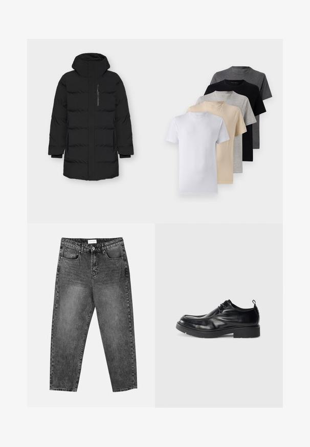 Giubbotto imbottito nero con colletto alto e zip frontale. Presenta tasche laterali, una texture liscia e un design trapuntato con sezioni imbottite.; Set di cinque t-shirt a manica corta in bianco, beige, grigio chiaro, grigio scuro e nero. Realizzate in cotone morbido, con design a girocollo.; Jeans neri con lavaggio, a gamba dritta, con tasche frontali e posteriori, passanti per cintura e chiusura a bottone in vita.; Scarpe da uomo in pelle nera con punta arrotondata, chiusura con lacci e una cucitura decorativa. Presentano una suola in gomma spessa e texturizzata e un tassello sul tallone.