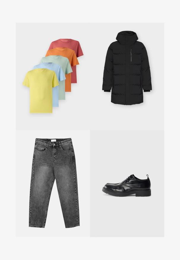 Sort pufferjakke med høj krave og lynlås foran. Har sidelommer, en glat tekstur og quiltet design med polstrede sektioner.; Fem kortærmede t-shirts i en gradient: gul, lyseblå, mintgrøn, orange og koral. Blød stof med rund halsudskæring.; Sorte vasket straight-leg jeans med for- og baglommer, bæltestropper og knaplukning i taljen.; Sort læderherresko med rund tå, snørelukning og en dekorativ søm. Har en tyk, tekstureret gummisål og en hæltab.