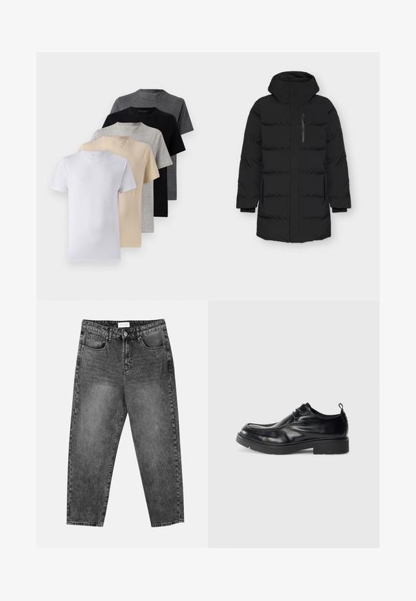 Giubbotto imbottito nero con colletto alto e zip frontale. Presenta tasche laterali, una texture liscia e un design trapuntato con sezioni imbottite.; Set di cinque t-shirt a manica corta in bianco, beige, grigio chiaro, grigio scuro e nero. Realizzate in cotone morbido, con design a girocollo.; Jeans neri con lavaggio, a gamba dritta, con tasche frontali e posteriori, passanti per cintura e chiusura a bottone in vita.; Scarpe da uomo in pelle nera con punta arrotondata, chiusura con lacci e una cucitura decorativa. Presentano una suola in gomma spessa e texturizzata e un tassello sul tallone.