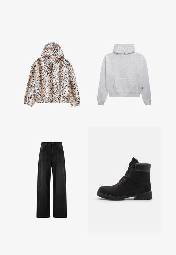 YOURTURN UNISEX - Winter jacket - beige; Light gray pullover hoodie made of soft cotton blend. Features a kangaroo pocket, ribbed cuffs, and a drawstring hood with a minimalistic design.; Wide-leg black denim pants with a high waist, featuring four pockets and a small logo tag on the front. Smooth texture, basic design.; Black lace-up ankle boot with padded collar and rugged sole, shown in profile against a white background.