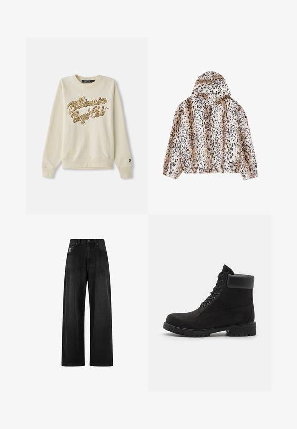 YOURTURN UNISEX - Giacca invernale - beige; Felpa crema a collo rotondo con maniche lunghe, caratterizzata da testo a scacchi giallo e marrone "Billionaire Boys Club" sul petto.; Pantaloni in denim neri a gamba larga con vita alta, dotati di quattro tasche e un piccolo etichetta con logo sul davanti. Texture liscia, design semplice.; Stivale alla caviglia nero con lacci, colletto imbottito e suola robusta, mostrato in profilo su uno sfondo bianco.