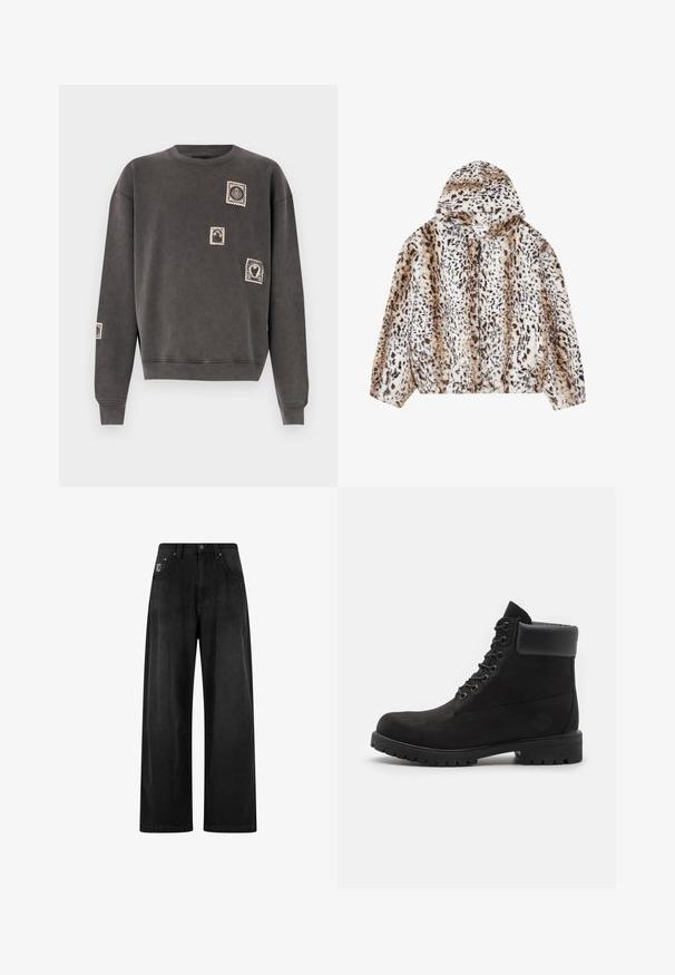 YOURTURN UNISEX - Veste d'hiver - beige; Sweatshirt gris en mélange de coton, avec un col rond, des manches longues et des appliqués décoratifs de timbres postaux brodés.; Pantalons noir en denim à jambes larges avec taille haute, comprenant quatre poches et une petite étiquette logo à l'avant. Texture lisse, design basique.; Bottine noire à lacets avec col rembourré et semelle robuste, présentée de profil sur fond blanc.