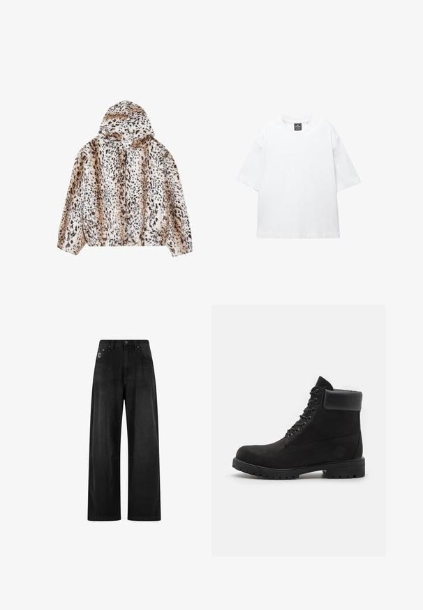 YOURTURN UNISEX - Zimska jakna - beige; Bijela majica kratkih rukava od pamuka, s okruglim izrezom i opuštenim krojem sa ravnim rubom. Bez uzoraka ili ukrasa.; Hlače od crnog denima širokih nogavica s visokim strukom, s četiri džepa i malom oznakom na prednjem dijelu. Glatka tekstura, osnovni dizajn.; Crne čizme s vezicama do gležnja, s podstavljenim ovratnikom i čvrstim potplatom, prikazane u profilu na bijeloj pozadini.