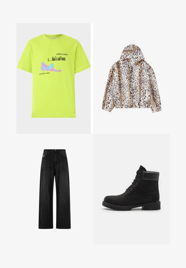 YOURTURN UNISEX - Talvitakki - beige; Limevihreä puuvillapaita, jossa on graafinen printti sinisillä ja vaaleanpunaisilla elementeillä, teksti ja rento istuvuus. Lyhyet hihat ja pyöreä kaula-aukko.; Mustat leveälahkeiset farkut korkealla vyötäröllä, neljällä taskulla ja pienellä logotarralla edessä. Sileä pinta, perusmuotoilu.; Mustat nauhalla kiinnitettävät nilkkurit, joissa on pehmustettu kaulus ja jämäkkä pohja, esitettynä profiloituna valkoista taustaa vasten.