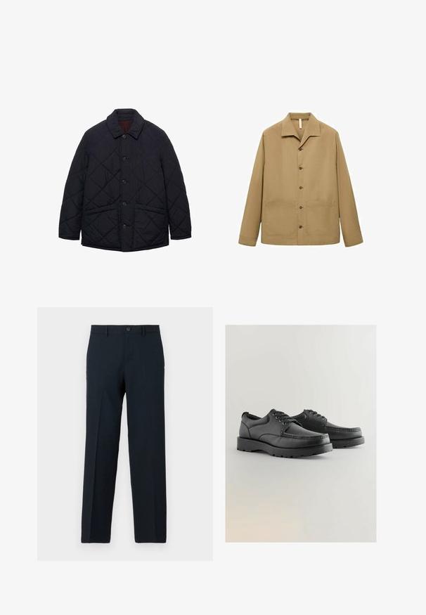 Mornarska podložena jakna s okruglim ovratnikom, kopčanjem sprijeda na gumbe i dva bočna džepa. Ima teksturirani, podloženi dizajn.; Maslinasti radni kaput s ravnim krojem, proširenim ovratnikom, prednjim gumbima, dva velika džepa i glatkom teksturom tkanine.; Tamno plave hlače od tkanine, s ravnim krojem, zatvaranjem na jedan gumb i prednjim pregibom.; Crne kožne cipele s teksturiranim gornjim dijelom, okruglim nosom, dizajnom s vezanjem i debelim gumenim potplatima s uzorkom za hodanje.