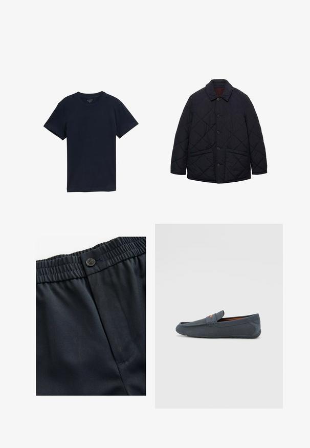 Marinblå quiltad jacka med rundad krage, knappstängning fram och två sidofickor. Har en strukturerad, vadderad design.; Mörkblå bomullströja, korta ärmar, rund halsringning, slät textur, enkelt design, inga mönster eller detaljer, rak nederkant.; Marinblå, lättviktig tyg med en slät textur. Har en elastisk midja med knappstängning och en enkel sidoficka.; Grå perforerade loafers med slip-on-design, med en orange accent, rund tå och texturerad gummiyttersula.