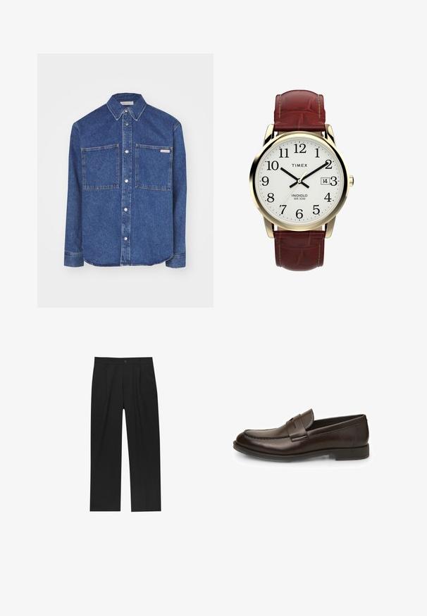 Schwarze Lederjacke mit Kragen, Frontreißverschluss, zwei seitlichen Reißverschlusstaschen und glatter Oberfläche.; Schwarzer Strickpullover mit hohem Kragen, langen Ärmeln und gerippten Bündchen und Saum, der eine glatte Textur und eine klassische Silhouette aufweist.; Calvin Klein Jeans REGULAR LINEAR - Hemd - blue denim medium; Schwarze Hose mit geradem Schnitt, aus einem glatten Stoff gefertigt. Verfügt über Vorderfalten und einen einzelnen Knopfverschluss an der Taille.; Braune Lederloafers mit glatter Textur, abgerundeter Zehenpartie und gestickten Details. Verfügt über einen niedrigen, gestapelten Absatz und ein Slip-On-Design.; Timex-Uhr mit weißem Zifferblatt, schwarzen arabischen Ziffern und Gehäuse in goldfarbener Ausführung. Verfügt über ein Armband aus braunem Leder im Krokodil-Prägung und ein Datumsfenster.