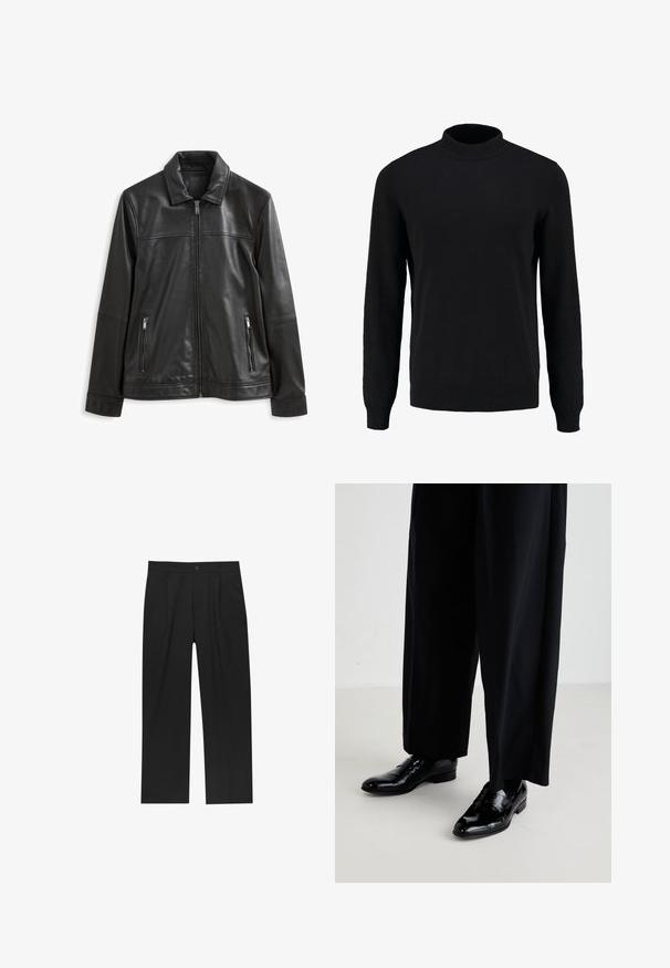 Schwarze Lederjacke mit Kragen, Frontreißverschluss, zwei seitlichen Reißverschlusstaschen und glatter Oberfläche.; Schwarzer Strickpullover mit hohem Kragen, langen Ärmeln und gerippten Bündchen und Saum, der eine glatte Textur und eine klassische Silhouette aufweist.; Schwarze Hose mit geradem Schnitt, aus einem glatten Stoff gefertigt. Verfügt über Vorderfalten und einen einzelnen Knopfverschluss an der Taille.; Schwarze Lederschuhe mit glänzender Oberfläche, mit einer glatten Spitze und einem niedrigen Absatz, kombiniert mit lockeren schwarzen Hosen.