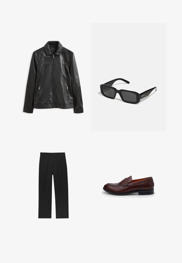 Čierna kožená bunda s golierom, predným zipsovým zapínaním, dvoma bočnými zipsovými vreckami a hladkým povrchom.; Čierny pletený sveter s vysokým golierom, dlhými rukávmi a rebrovanými manžetami a spodným okrajom, s hladkou textúrou a klasickým siluetou.; Čierne nohavice s rovnými nohavicami, vyrobené z hladkej tkaniny. Majú predné puky a jediné gombíkové zapínanie v páse.; Hnedé kožené loafery s hladkým povrchom, zaoblenou špičkou, kontrastným prešívaním a nízkym opätkom. Zdobí ich dekoračný popruh cez priehlavok.; Arnette THEKIDD UNISEX - Slnečné okuliare - black