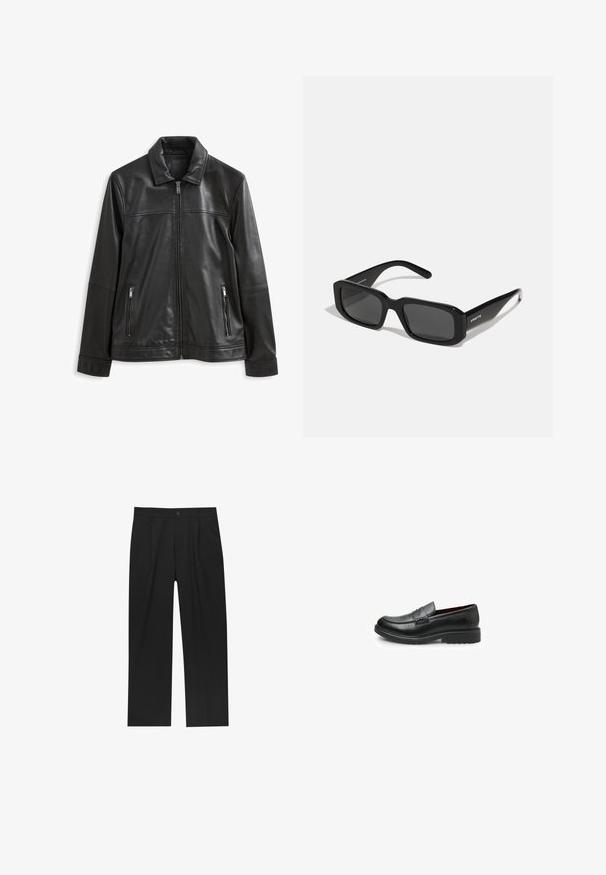 Zwart leren jasje met een kraag, rits aan de voorkant, twee zijzakken met rits en een gladde textuur.; Zwarte gebreide trui met een hoge kraag, lange mouwen en geribde manchetten en zoom, met een gladde textuur en een klassieke silhoeet.; Zwarte broeken met een recht model, gemaakt van een gladde stof. Voorzien van een voorplooien en een enkele knoopsluiting bij de taille.; Bata Instappers - nero; Arnette THEKIDD UNISEX - Zonnebril - black