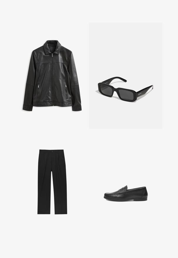 Jachetă din piele neagră cu guler, închidere frontală cu fermoar, două buzunare laterale cu fermoar și o textură netedă.; Pulover negru tricotat cu guler înalt, mâneci lungi și manșete și tiv cu nervuri, având o textură netedă și o siluetă clasică.; Pantaloni negri cu un design drept, fabricați dintr-un material neted. Au plisse în față și un sistem de închidere cu un singur buton la talie.; Pantofi loafers negri din piele, cu un finisaj neted, cu accente cusute și un design ușor de încălțat. Talpă plată cu un profil minim.; Arnette THEKIDD UNISEX - Ochelari de soare - black; Ceas Timex cu un cadran alb, cifre arabe negre și carcasă de ton auriu. Prezintă o brățară din piele maro cu model crocodil embosat și fereastră pentru dată.