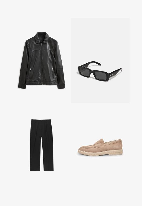 Černá kožená bunda s límcem, předním zipem, dvěma postranními kapsami na zip a hladkým povrchem.; Černý pletený svetr s vysokým límcem, dlouhými rukávy a žebrovanými manžetami a spodním okrajem, s hladkou texturou a klasickým střihem.; Černé kalhoty s rovnými nohavicemi, vyrobené z hladké tkaniny. Mají přední záhyby a jedno knoflíkové zapínání v pase.; Světle béžové semišové mokasíny s kulatou špičkou, dekorativním páskem na nártě a strukturovanou gumovou podrážkou pro lepší přilnavost.; Arnette THEKIDD UNISEX - Sluneční brýle - black; Hodinky Timex s bílým ciferníkem, černými arabskými číslicemi a pouzdrem ve zlatém tónu. Mají hnědý kožený řemínek s krokodýlím vzorem a okénko pro datum.